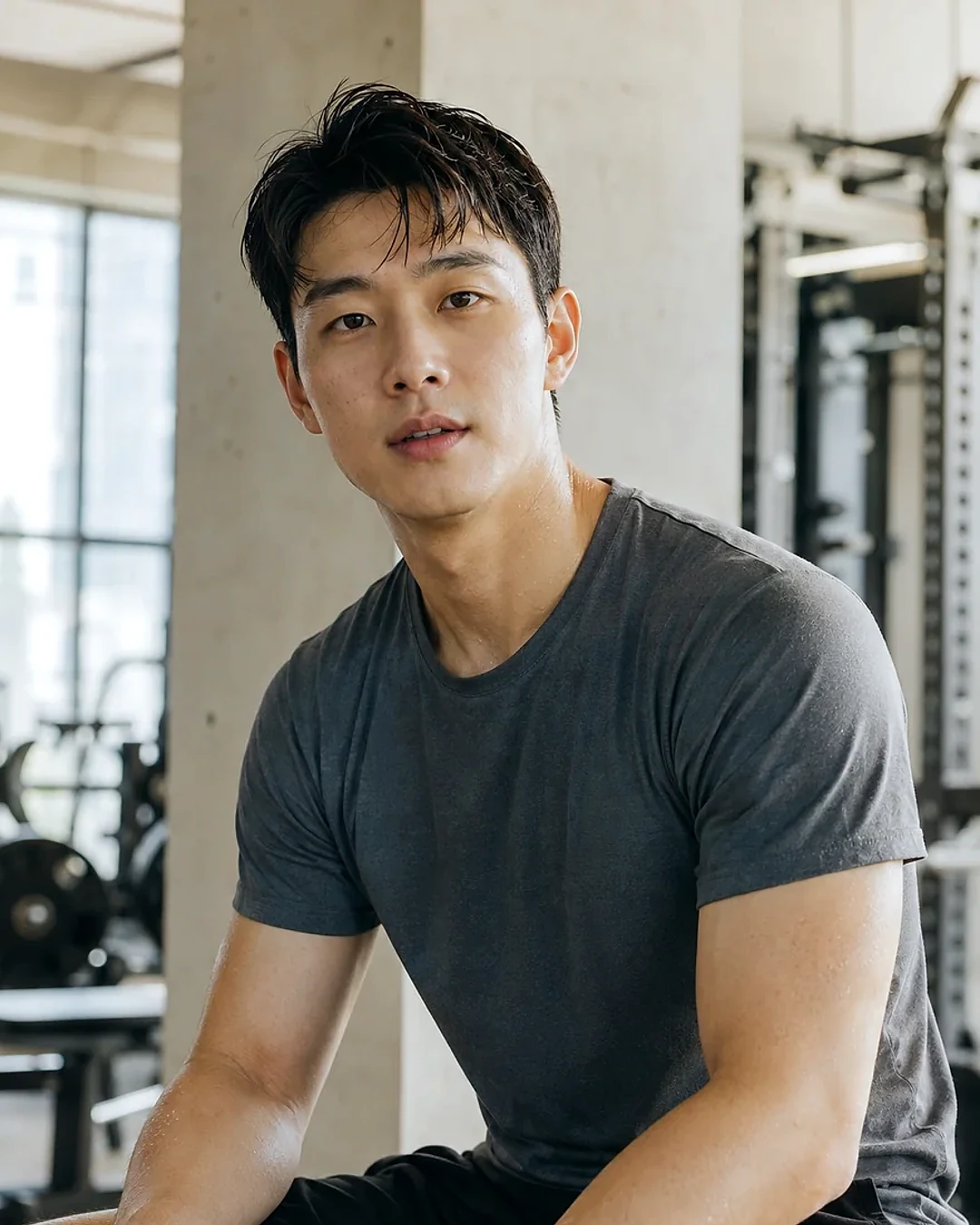 Jun, a 24-year-old East Asian man after a realistic gym workout