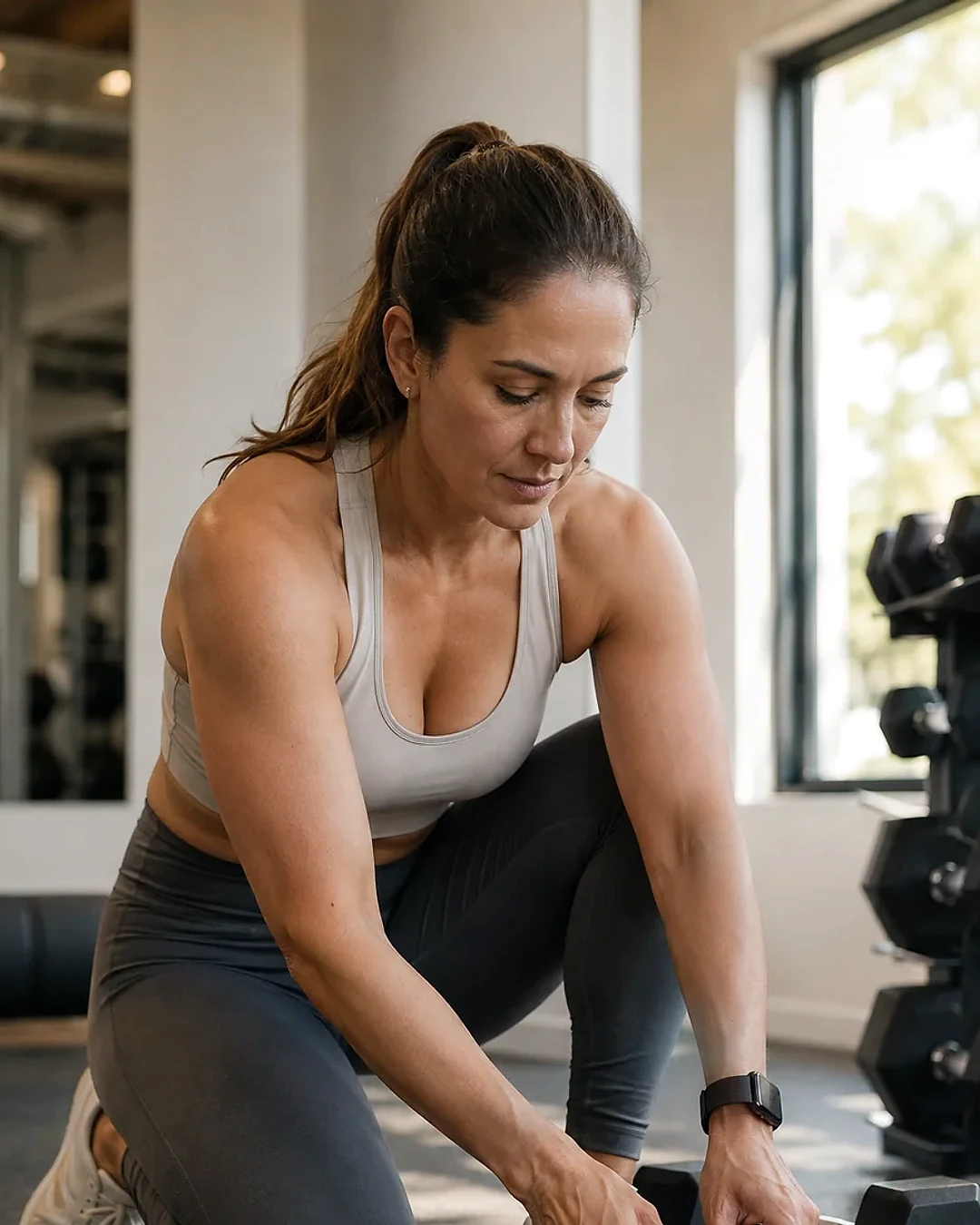 Maya, a 36-year-old woman preparing for a realistic workout